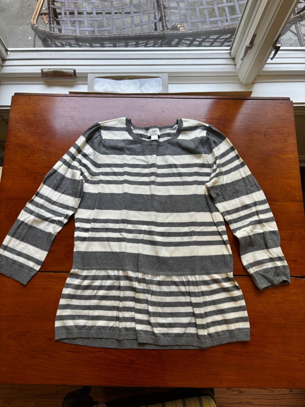 LOFT Gray & Ivory Striped Peplum Sweater 3/4 Sleeve 100% Cotton Size Medium